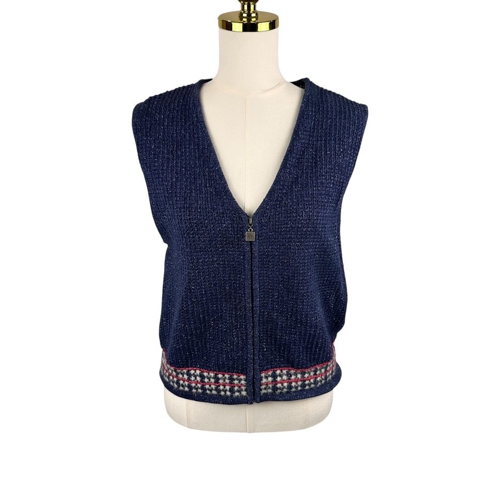 Vintage Koret City Blues Petites Blue Metallic Knit Zip Up Sweater Vest Medium